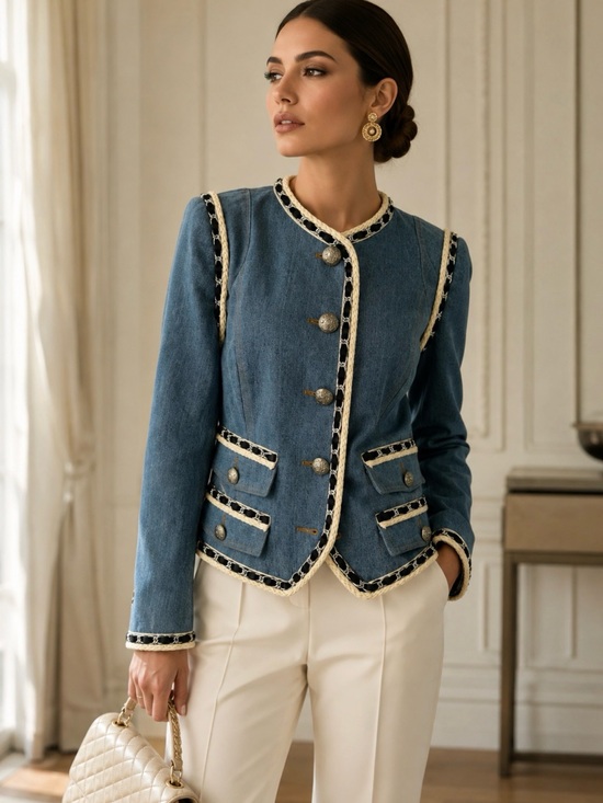 Veronica Beard Jackets & Blazers - Veronica Beard Milla Jean Blue Tweed-Trim Denim Jacket